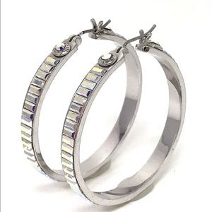 HENRI BENDEL Harry Hoop Earrings Silver Tone AB Crystal Baguette RARE 1.75"